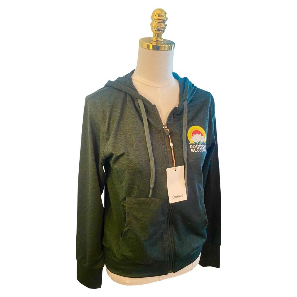 Quince Lightweight Soft Full Zip Performance Hoodie S Green Rainbow Blossom NWT